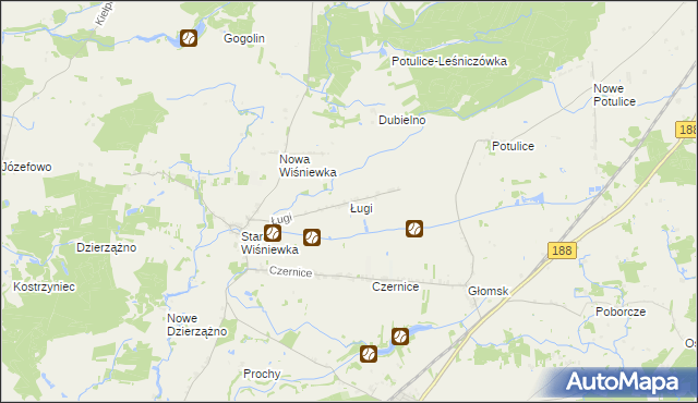 mapa Ługi gmina Zakrzewo, Ługi gmina Zakrzewo na mapie Targeo