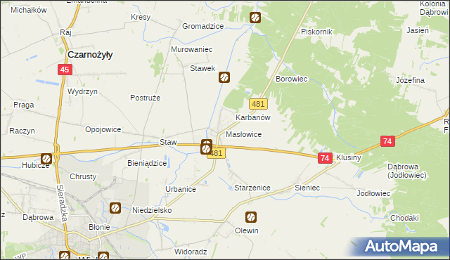 mapa Masłowice gmina Wieluń, Masłowice gmina Wieluń na mapie Targeo