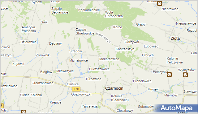 mapa Mękarzowice gmina Czarnocin, Mękarzowice gmina Czarnocin na mapie Targeo