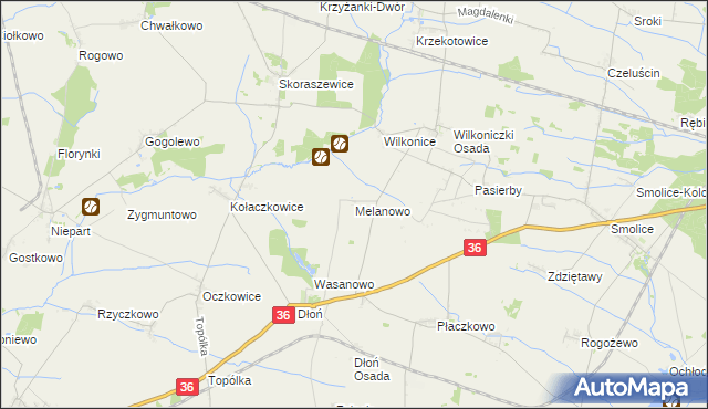 mapa Melanowo gmina Miejska Górka, Melanowo gmina Miejska Górka na mapie Targeo