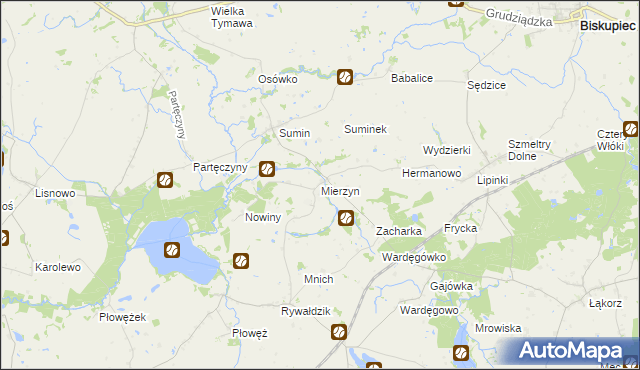 mapa Mierzyn gmina Biskupiec, Mierzyn gmina Biskupiec na mapie Targeo