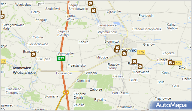 mapa Miłocice gmina Słomniki, Miłocice gmina Słomniki na mapie Targeo