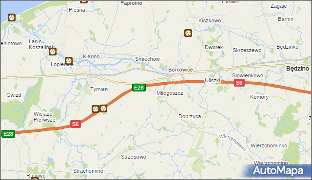 mapa Miłogoszcz gmina Będzino, Miłogoszcz gmina Będzino na mapie Targeo