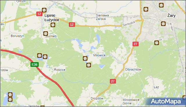 mapa Miłowice gmina Żary, Miłowice gmina Żary na mapie Targeo