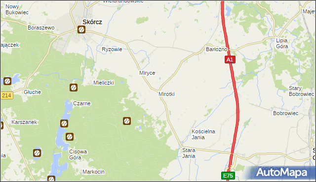 mapa Mirotki gmina Skórcz, Mirotki gmina Skórcz na mapie Targeo