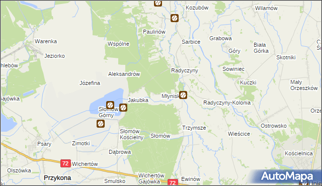 mapa Młyniska gmina Przykona, Młyniska gmina Przykona na mapie Targeo