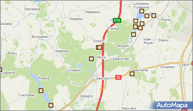 mapa Młynki gmina Tczew, Młynki gmina Tczew na mapie Targeo