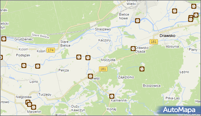 mapa Moczydła gmina Drawsko, Moczydła gmina Drawsko na mapie Targeo