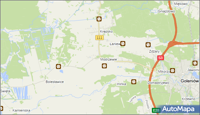 mapa Modrzewie gmina Goleniów, Modrzewie gmina Goleniów na mapie Targeo