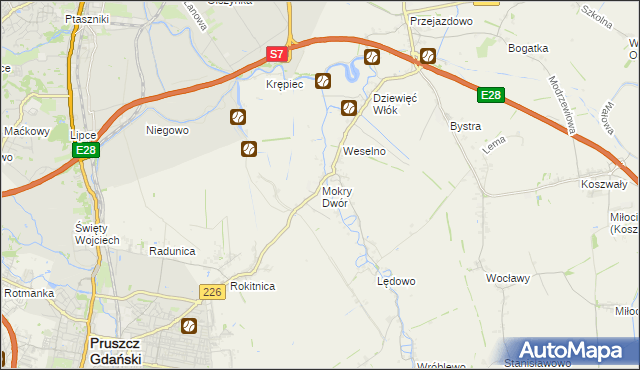 mapa Mokry Dwór gmina Pruszcz Gdański, Mokry Dwór gmina Pruszcz Gdański na mapie Targeo