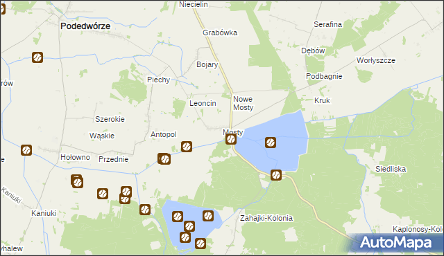 mapa Mosty gmina Podedwórze, Mosty gmina Podedwórze na mapie Targeo