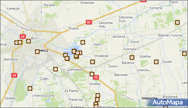 mapa Mysłaków gmina Nieborów, Mysłaków gmina Nieborów na mapie Targeo