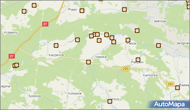 mapa Niwiska gmina Nowogród Bobrzański, Niwiska gmina Nowogród Bobrzański na mapie Targeo