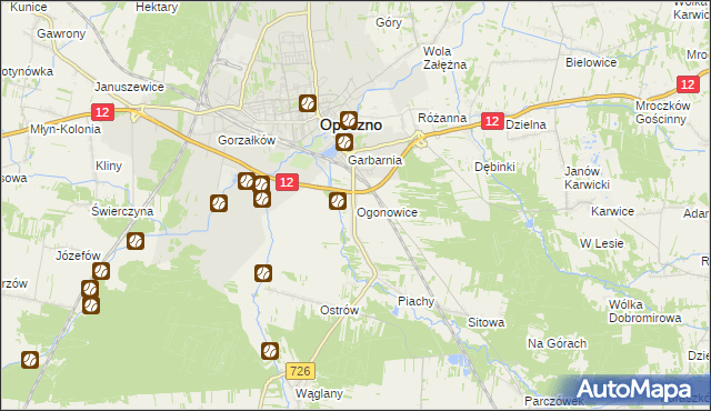 mapa Ogonowice gmina Opoczno, Ogonowice gmina Opoczno na mapie Targeo