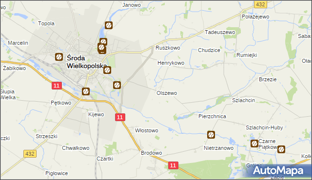 mapa Olszewo gmina Środa Wielkopolska, Olszewo gmina Środa Wielkopolska na mapie Targeo