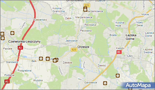 mapa Orzesze powiat mikołowski, Orzesze powiat mikołowski na mapie Targeo