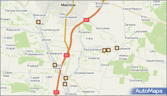 mapa Parkoszowice gmina Miechów, Parkoszowice gmina Miechów na mapie Targeo