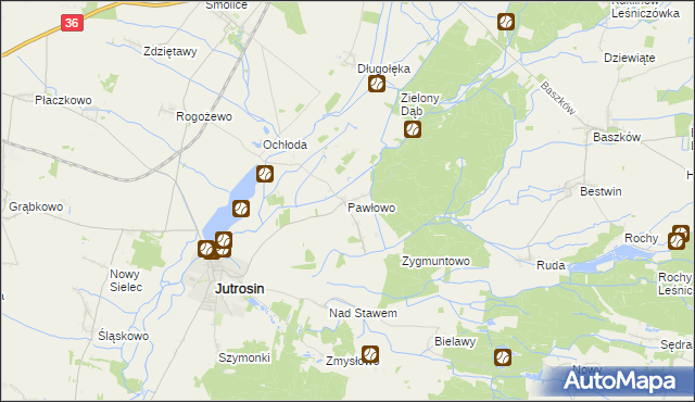 mapa Pawłowo gmina Jutrosin, Pawłowo gmina Jutrosin na mapie Targeo