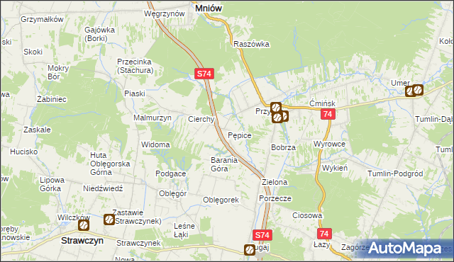 mapa Pępice gmina Mniów, Pępice gmina Mniów na mapie Targeo