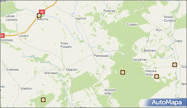 mapa Pietrzwałd gmina Ostróda, Pietrzwałd gmina Ostróda na mapie Targeo