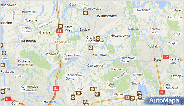 mapa Pisarzowice gmina Wilamowice, Pisarzowice gmina Wilamowice na mapie Targeo