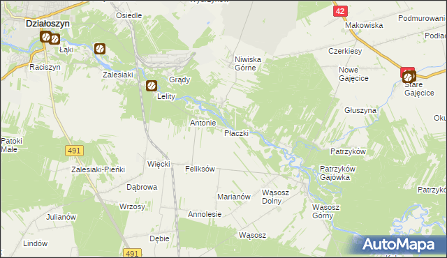 mapa Płaczki gmina Popów, Płaczki gmina Popów na mapie Targeo