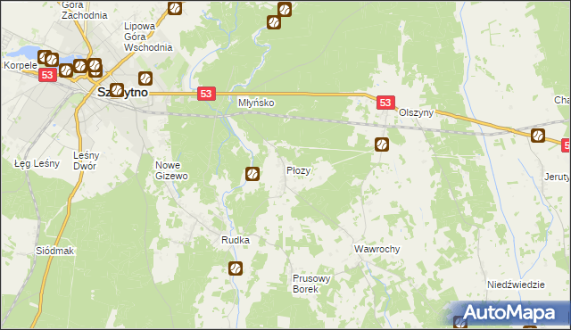 mapa Płozy, Płozy na mapie Targeo