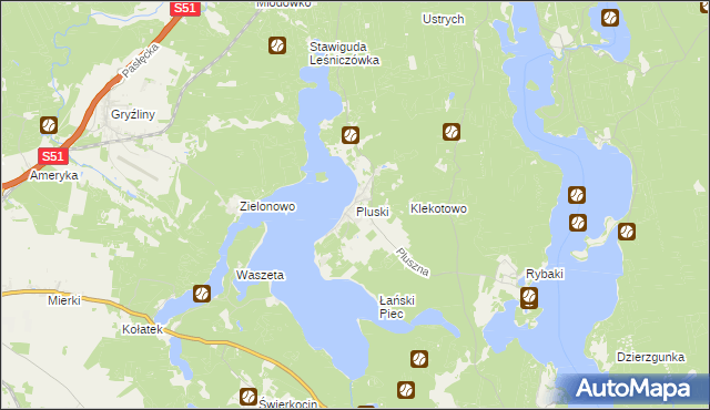 mapa Pluski gmina Stawiguda, Pluski gmina Stawiguda na mapie Targeo