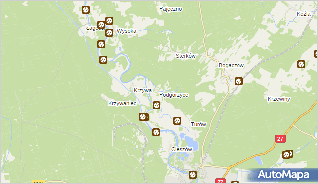 mapa Podgórzyce gmina Nowogród Bobrzański, Podgórzyce gmina Nowogród Bobrzański na mapie Targeo