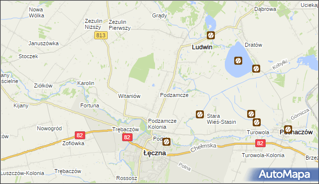 mapa Podzamcze gmina Łęczna, Podzamcze gmina Łęczna na mapie Targeo