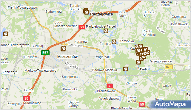 mapa Pogorzałki gmina Mszczonów, Pogorzałki gmina Mszczonów na mapie Targeo