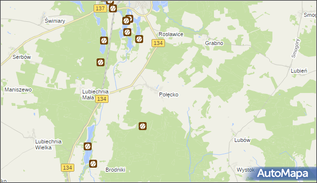 mapa Połęcko gmina Ośno Lubuskie, Połęcko gmina Ośno Lubuskie na mapie Targeo