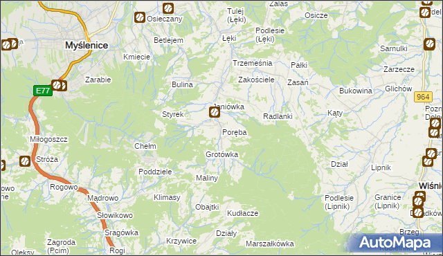 mapa Poręba gmina Myślenice, Poręba gmina Myślenice na mapie Targeo