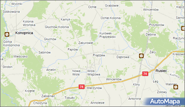 mapa Prądzew gmina Rusiec, Prądzew gmina Rusiec na mapie Targeo