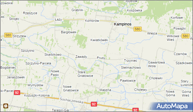 mapa Prusy gmina Kampinos, Prusy gmina Kampinos na mapie Targeo