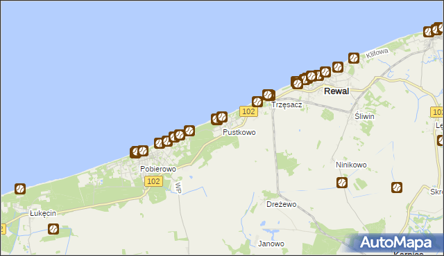 mapa Pustkowo gmina Rewal, Pustkowo gmina Rewal na mapie Targeo