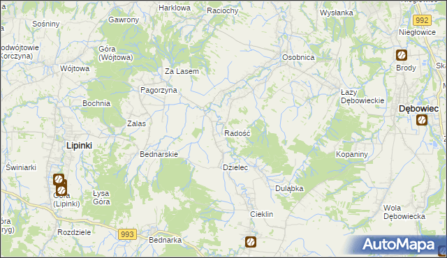 mapa Radość gmina Dębowiec, Radość gmina Dębowiec na mapie Targeo