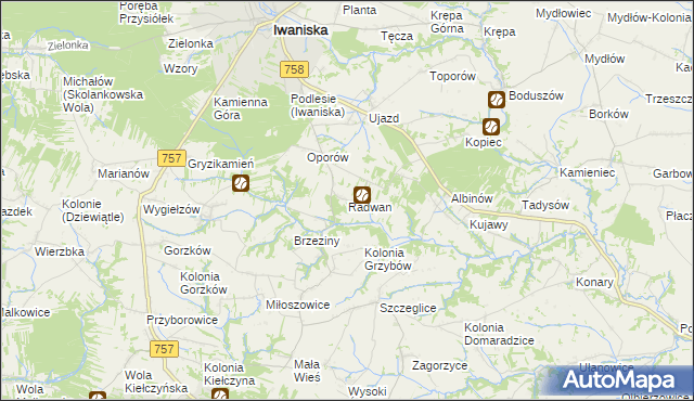 mapa Radwan gmina Iwaniska, Radwan gmina Iwaniska na mapie Targeo