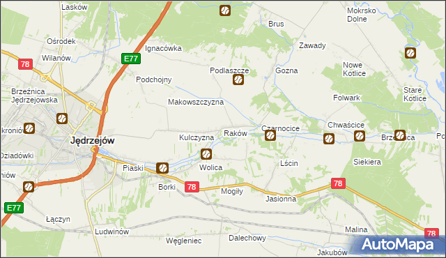 mapa Raków gmina Jędrzejów, Raków gmina Jędrzejów na mapie Targeo