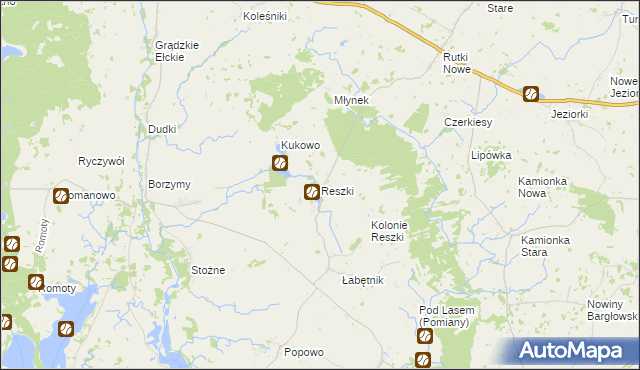 mapa Reszki gmina Bargłów Kościelny, Reszki gmina Bargłów Kościelny na mapie Targeo