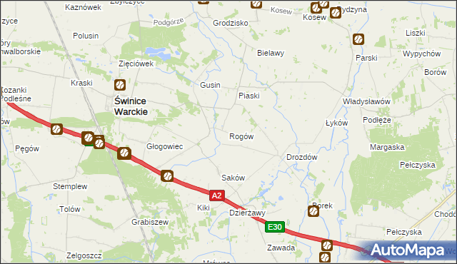 mapa Rogów gmina Świnice Warckie, Rogów gmina Świnice Warckie na mapie Targeo