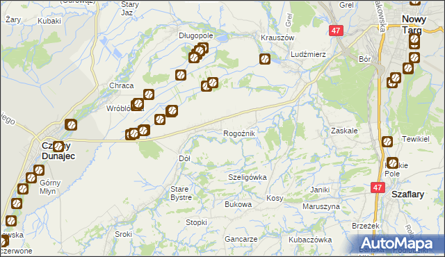 mapa Rogoźnik gmina Nowy Targ, Rogoźnik gmina Nowy Targ na mapie Targeo