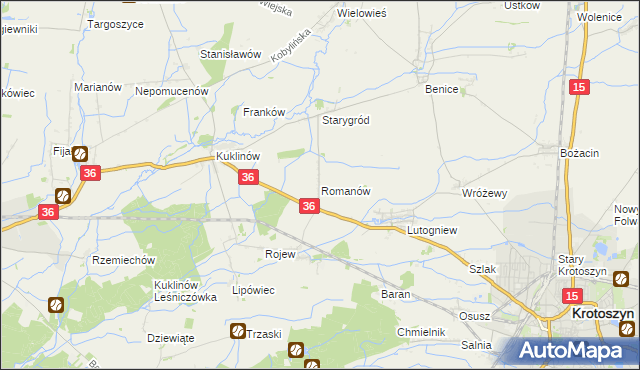 mapa Romanów gmina Krotoszyn, Romanów gmina Krotoszyn na mapie Targeo