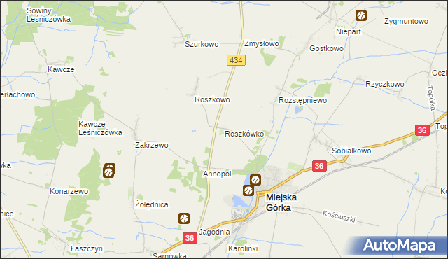 mapa Roszkówko gmina Miejska Górka, Roszkówko gmina Miejska Górka na mapie Targeo