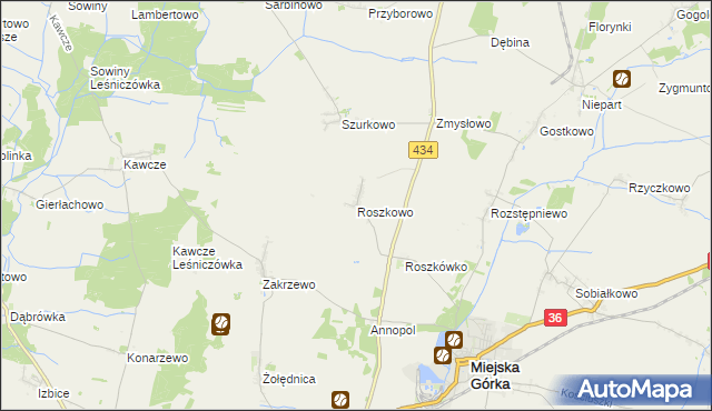 mapa Roszkowo gmina Miejska Górka, Roszkowo gmina Miejska Górka na mapie Targeo
