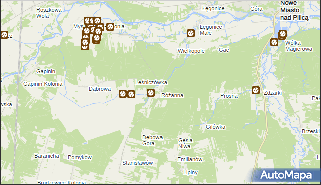 mapa Różanna gmina Odrzywół, Różanna gmina Odrzywół na mapie Targeo