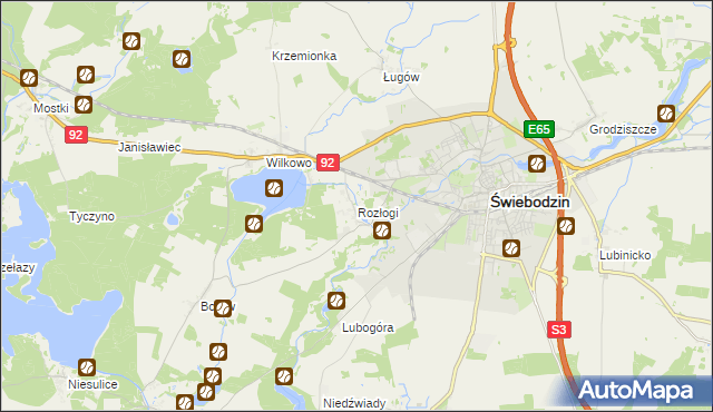 mapa Rozłogi gmina Świebodzin, Rozłogi gmina Świebodzin na mapie Targeo