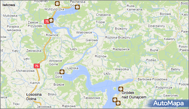 mapa Rożnów gmina Gródek nad Dunajcem, Rożnów gmina Gródek nad Dunajcem na mapie Targeo