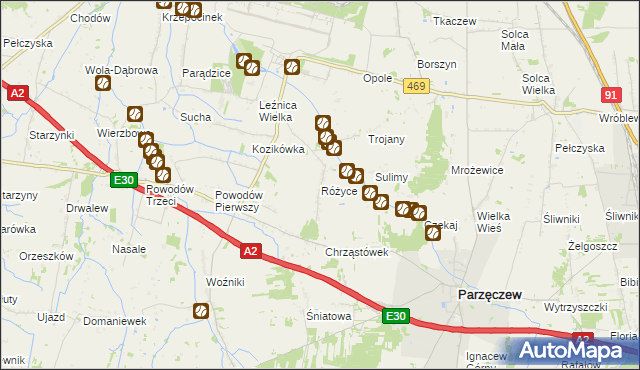 mapa Różyce gmina Parzęczew, Różyce gmina Parzęczew na mapie Targeo