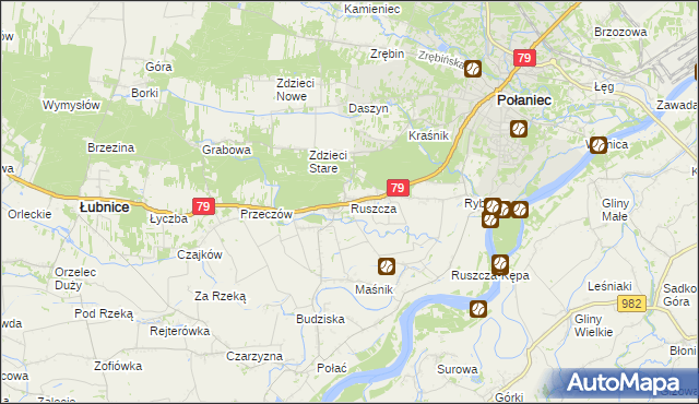 mapa Ruszcza gmina Połaniec, Ruszcza gmina Połaniec na mapie Targeo